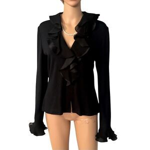 St John Marie Gray Women’s Size 10 Solid Black Knit Ruffled Zip up Top Dressy